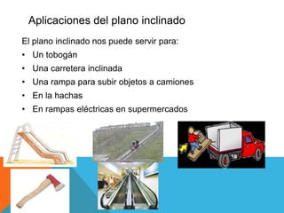 Aplicaciones del plano inclinado
El plano inclinado nos puede servir para:
• Un tobogán
• Una carretera inclinada
• Una rampa para subir objetos a camiones
• En la hachas
• En rampas eléctricas en supermercados
 