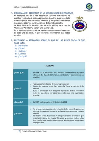 HENAR FERNÁNDEZ CUADRADO

1. ORGANIZACIÓN DEPORTIVA EN LA QUE HE BASADO MI TRABAJO.
Mi trabajo se basa en la Real Federación Española de Natación, he
decidido realizarla de esta organización deportiva pues he estado
durante quince años de modo federado y me parecía realmente
interesante observar como hacían uso de las redes sociales.
La Real Federación Española de Natación (RFEN) hace uso de
“facebook” “twitter” y tienen una página web.
En el siguiente punto explicare mediante cuadros como hacen uso
de cada uno de ellos, y que funciones desempeñan esas redes
sociales.

2. PREGUNTAS A RESPONDER SOBRE EL USO DE LAS REDES SOCIALES QUE
HACE ESTA:
a) ¿Para qué?
b) ¿Cómo?
c) ¿Cuándo?
d) ¿Cuánto?
e) ¿Con qué?

FACEBOOK
¿Para qué?

₋

La RFEN usa el “facebook” para informar sobre todo lo que pasa en
el mundo del deporte de la natación en España, y las disciplinas que
engloba.

₋
₋

Hace uso de la red social de manera profesional.
Expone las ideas de forma clara y sencilla. Capta la atención de los
lectores.
Busca la promoción de la disciplina deportiva y darla a conocer en
todos los aspectos y en todos los ámbitos que esta organización
engloba.

¿Cómo?
₋

¿Cuándo?

₋

La RFEN creó su página el 28 de Julio de 2012

₋

No se hace mucho uso de esta red social, de las tres en la que menos
información podemos encontrar, en la que exponen menor cantidad
de fotos…
Se observa cómo hacen uso de ella para exponer eventos de gran
importación, como los Juegos Olímpicos, y como en twitter colgar
links con los que accedes directamente a información expuesta en
su página web.

¿Cuánto?
₋

2

TECNOLOGÍA Y ACTIVIDAD FÍSICA

 