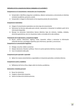 Indicadores de las competencias básicas trabajados en la actividad 1:
Competencia en el conocimiento e interacción con el mundo físico
● Comprender e identificar preguntas o problemas, obtener conclusiones y comunicarlas en distintos
contextos (académico, personal y social).
● Comprender e integrar la información en los esquemas previos de conocimiento.
Competencia matemática
● Integrar el conocimiento matemático con otros tipos de conocimiento.
● Seleccionar las técnicas adecuadas para calcular, representar e interpretar la realidad a partir de la
información disponible.
● Manejar los elementos matemáticos básicos (distintos tipos de números, medidas, símbolos,
elementos geométricos, etc.) en situaciones reales o simuladas de la vida cotidiana.
Tratamiento de la información y competencia digital
● Buscar, analizar, seleccionar, registrar, tratar, transmitir, utilizar y comunicar la información
utilizando técnicas y estrategias específicas para informarse, aprender y comunicarse.
Competencia en comunicación lingüística
● Dialogar, escuchar, hablar y conversar.
● Adoptar decisiones. Resolver conflictos. Tener en cuenta opiniones distintas a la propia.
● Usar el vocabulario adecuado.
Competencia para aprender a aprender
● Aplicar los nuevos conocimientos y capacidades en situaciones parecidas y contextos diversos.
Competencia social y ciudadana
● Reflexionar de forma crítica y lógica sobre los hechos y problemas.
Autonomía e iniciativa personal
● Buscar las soluciones.
● Imaginar y desarrollar proyectos.
● Valorar las ideas de las demás personas.

22

 
