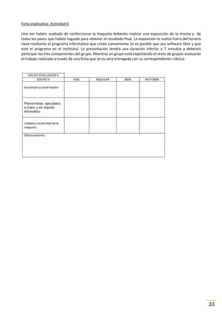 Ficha explicativa Actividad 6
Una vez habéis acabado de confeccionar la maqueta deberéis realizar una exposición de la misma y de
todos los pasos que habéis seguido para obtener el resultado final. La exposición la realiza fuera del horario
clase mediante el programa informático que creáis conveniente (si es posible que sea software libre y que
esté el programa en el instituto). La presentación tendrá una duración inferior a 7 minutos y deberéis
participar los tres componentes del grupo. Mientras un grupo está exponiendo el resto de grupos evaluarán
el trabajo realizado a través de una ficha que se os será entregada con su correspondiente rúbrica:

33

 