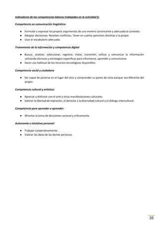Indicadores de las competencias básicas trabajados en la actividad 6:
Competencia en comunicación lingüística:
● Formular y expresar los propios argumentos de una manera convincente y adecuada al contexto.
● Adoptar decisiones. Resolver conflictos. Tener en cuenta opiniones distintas a la propia.
● Usar el vocabulario adecuado.
Tratamiento de la información y competencia digital
● Buscar, analizar, seleccionar, registrar, tratar, transmitir, utilizar y comunicar la información
utilizando técnicas y estrategias específicas para informarse, aprender y comunicarse.
● Hacer uso habitual de los recursos tecnológicos disponibles.
Competencia social y ciudadana
● Ser capaz de ponerse en el lugar del otro y comprender su punto de vista aunque sea diferente del
propio.
Competencia cultural y artística:
● Apreciar y disfrutar con el arte y otras manifestaciones culturales.
● Valorar la libertad de expresión, el derecho a la diversidad cultural y el diálogo intercultural.
Competencia para aprender a aprender:
● Afrontar la toma de decisiones racional y críticamente.
Autonomía e iniciativa personal:
● Trabajar cooperativamente.
● Valorar las ideas de las demás personas.

35

 