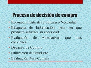 Proceso de decisión de compra
• Reconocimiento del problema o Necesidad
• Búsqueda de Información, para ver que
producto satisface su necesidad.
• Evaluación de Alternativas que mas
convienen
• Decisión de Compra
• Utilización del Producto
• Evaluación Post-Compra
 