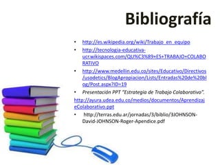 Bibliografía 
• http://es.wikipedia.org/wiki/Trabajo_en_equipo 
• http://tecnologia-educativa-ucr. 
wikispaces.com/QU%C3%89+ES+TRABAJO+COLABO 
RATIVO 
• http://www.medellin.edu.co/sites/Educativo/Directivos 
/usodetics/BlogApropiacion/Lists/Entradas%20de%20bl 
og/Post.aspx?ID=19 
• Presentación PPT “Estrategia de Trabajo Colaborativo”. 
http://ayura.udea.edu.co/medios/documentos/Aprendizaj 
eColaborativo.ppt 
• http://terras.edu.ar/jornadas/3/biblio/3JOHNSON-David- 
JOHNSON-Roger-Apendice.pdf 
 
