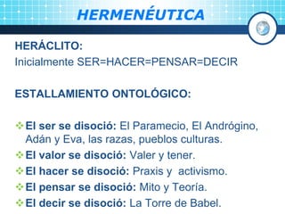 HERMENÉUTICA
HERÁCLITO:
Inicialmente SER=HACER=PENSAR=DECIR
ESTALLAMIENTO ONTOLÓGICO:
El ser se disoció: El Paramecio, El...