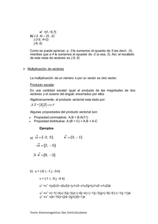 Teoría Electromagnética- Doc.EmilioEscalante
w⃗ =[1,−6,7]
b) (-3, 4) – (5, -2)
(-3-5, 4+2)
(-8, 6)
Como se puede apreciar, a -3 le sumamos el opuesto de 5 (es decir, -5),
mientras que a 4 le sumamos el opuesto de -2 (o sea, 2). Así, el resultado
de esta resta de vectores es (-8, 6)
 Multiplicación de vectores
La multiplicación de un número k por un vector es otro vector.
Producto escalar
Es una cantidad escalar igual al producto de las magnitudes de dos
vectores y el coseno del ángulo encerrados por ellos
Algebraicamente, el producto vectorial esta dado por:
Algunas propiedades del producto vectorial son:
 Propiedad conmutativa: A.B = B.A(11)
 Propiedad distributiva: A.(B + C) = A.B + A.C
Ejemplos
a)
b) u = {-6 i; -1 j; -3 k}
v = {-1 i; -5 j; -4 k}
u⃗ ×v⃗ =(u2v3−v2u3)i−(u1v3−v1u3)j+(u1v2−v1u2)k
u⃗ ×v⃗ =(−1(−4)-(−5)(−3))i−(−6(−4)−(−1)(−3))j+(−6(−5)−(−1)(−1))k
u⃗ ×v⃗ =(4−15)i−(24−3)j+(30−1)k
 
