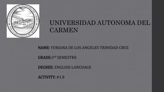 UNIVERSIDAD AUTONOMA DEL
CARMEN
NAME: YURIANA DE LOS ANGELES TRINIDAD CRUZ
GRADE:3rd SEMESTRE
DEGREE: ENGLISH LANGUAGE
ACTIVITY: #1.8
 