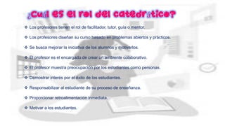 ¿Cuál es el rol del catedrático?
❖ Los profesores tienen el rol de facilitador, tutor, guía o mentor.
❖ Los profesores diseñan su curso basado en problemas abiertos y prácticos.
❖ Se busca mejorar la iniciativa de los alumnos y motivarlos.
❖ El profesor es el encargado de crear un ambiente colaborativo.
❖ El profesor muestra preocupación por los estudiantes como personas.
❖ Demostrar interés por el éxito de los estudiantes.
❖ Responsabilizar al estudiante de su proceso de enseñanza.
❖ Proporcionar retroalimentación inmediata.
❖ Motivar a los estudiantes.
 