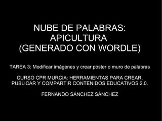 NUBE DE PALABRAS:
APICULTURA
(GENERADO CON WORDLE)
TAREA 3: Modificar imágenes y crear póster o muro de palabras
CURSO CPR MURCIA: HERRAMIENTAS PARA CREAR,
PUBLICAR Y COMPARTIR CONTENIDOS EDUCATIVOS 2.0.
FERNANDO SÁNCHEZ SÁNCHEZ
 