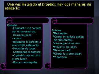 Una vez instalado el Dropbox hay dos maneras de
utilizarlo:




 Carpetas
  o  -Compartir una carpeta
                               Archivos
     con otros usuarios.
     -Descargarte la
                               • Revisarlos.
  o

     carpeta.
                               • Copiar en enlace donde
                                 se encuentran.
     -Restaurar la carpeta a
  o

     momentos anteriores.
                               • Descargar el archivo.

     -Moverlas de lugar.
                               • Mover lo de lugar.
  o

     -Cambiarlas el nombre.
                               • Re nombrarlo.
  o

     -Copiarlas una carpeta
                               • Copiar lo a otro lugar.
  o

     a otro lugar.
                               • Y borrarlo.

  o  -Borrar una carpeta.
 