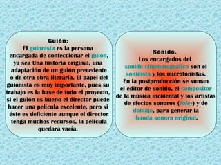Guión :  El  guionista  es la persona  encargada de confeccionar el  guión , ya sea Una historia original, una  adaptación de un guión precedente o de otra obra literaria .  El papel del  guionista es muy importante, pues su  trabajo es la base de todo el proyecto,  si el guión es bueno el director puede  hacer una película excelente, pero si  éste es deficiente aunque el director tenga muchos recursos, la película  quedará vacía.  Sonido .  Los encargados del  sonido cinematográfico  son el sonidista  y los microfonistas. En la postproducción se suman  el editor de sonido, el  compositor de la música incidental y los artistas de efectos sonoros ( foley ) y de  doblaje , para generar la banda sonora original . 