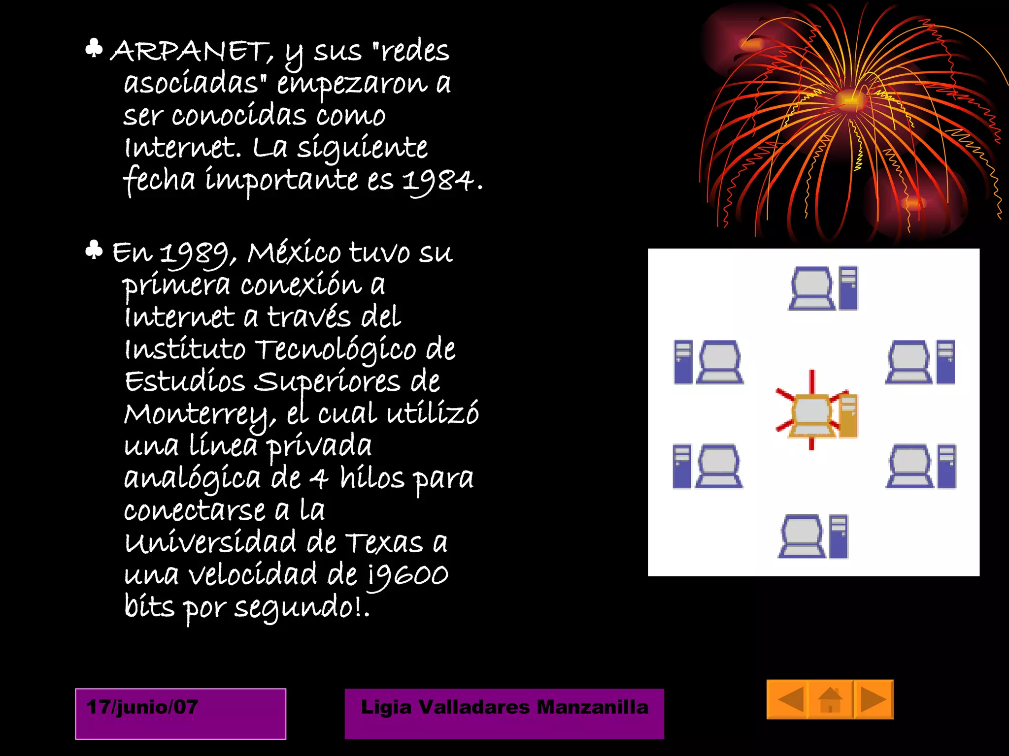 ♣  ARPANET, y sus "redes asociadas" empezaron a ser conocidas como Internet. La siguiente fecha importante es 1984. ♣  En 1989, México tuvo su primera conexión a Internet a través del Instituto Tecnológico de Estudios Superiores de Monterrey, el cual utilizó una línea privada analógica de 4 hilos para conectarse a la Universidad de Texas a una velocidad de ¡9600 bits por segundo!. 