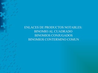 ENLACES DE PRODUCTOS NOTABLES: BINOMIO AL CUADRADO BINOMIOS CONJUGADOS BINOMIOS CONTERMINO COMUN 