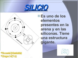 SILICIO Es uno de los elementos presentes en la arena y en las siliconas. Tiene una estructura gigante.