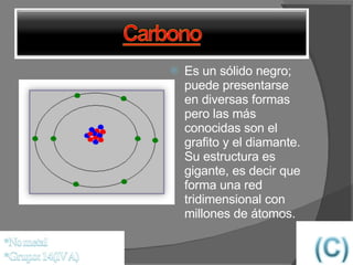 Es un sólido negro; puede presentarse en diversas formas pero las más conocidas son el grafito y el diamante. Su estructura es gigante, es decir que forma una red tridimensional con millones de átomos.
