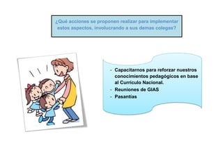 ¿Qué acciones se proponen realizar para implementar
estos aspectos, involucrando a sus demas colegas?
- Capacitarnos para reforzar nuestros
conocimientos pedagógicos en base
al Currículo Nacional.
- Reuniones de GIAS
- Pasantías
- Compartir experiencias sobre
proyectos exitosos realizados por
docentes.
 