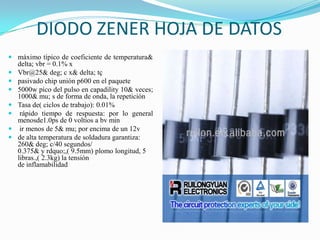 DIODO ZENER HOJA DE DATOS
 máximo típico de coeficiente de temperatura&
delta; vbr = 0.1% x
 Vbr@25& deg; c x& delta; tç
 pasivado chip unión p600 en el paquete
 5000w pico del pulso en capadility 10& veces;
1000& mu; s de forma de onda, la repetición
 Tasa de( ciclos de trabajo): 0.01%
 rápido tiempo de respuesta: por lo general
menosde1.0ps de 0 voltios a bv min
 ir menos de 5& mu; por encima de un 12v
 de alta temperatura de soldadura garantiza:
260& deg; c/40 segundos/
0.375& y rdquo;,( 9.5mm) plomo longitud, 5
libras.,( 2.3kg) la tensión
de inflamabilidad
 