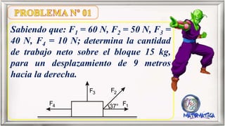Sabiendo que: F1 = 60 N, F2 = 50 N, F3 =
40 N, F4 = 10 N; determina la cantidad
de trabajo neto sobre el bloque 15 kg,
para un desplazamiento de 9 metros
hacia la derecha.
F4
F3 F2
F137°
 