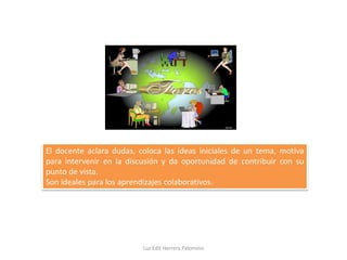 El docente aclara dudas, coloca las ideas iniciales de un tema, motiva
para intervenir en la discusión y da oportunidad de contribuir con su
punto de vista.
Son ideales para los aprendizajes colaborativos.




                          Luz Edit Herrera Palomino
 