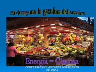 El desayuno la gasolina del cerebro Energia = Glucosa COMER FRUTAS Y VERDURAS SON RICAS EN GLUCOSA 