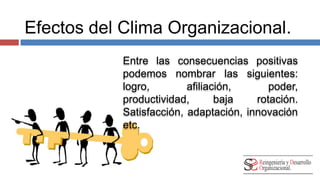 Efectos del Clima Organizacional. 
Entre las consecuencias positivas 
podemos nombrar las siguientes: 
logro, afiliación, poder, 
productividad, baja rotación. 
Satisfacción, adaptación, innovación 
etc. 
 