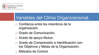 Variables del Clima Organizacional. 
 Confianza entre los miembros de la 
organización. 
 Grado de Comunicación. 
 Grado de apoyo Mutuo. 
 Grado de Comprensión e Identificación con 
los Objetivos y Metas de la Organización. 
 Métodos de Control. 
 