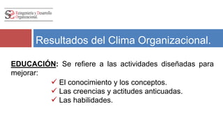 Resultados del Clima Organizacional. 
EDUCACIÓN: Se refiere a las actividades diseñadas para 
mejorar: 
 El conocimiento y los conceptos. 
 Las creencias y actitudes anticuadas. 
 Las habilidades. 
 