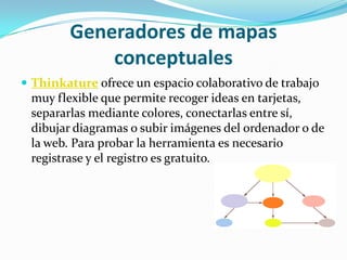 Generadores de mapas
            conceptuales
 Thinkature ofrece un espacio colaborativo de trabajo
 muy flexible que permite recoger ideas en tarjetas,
 separarlas mediante colores, conectarlas entre sí,
 dibujar diagramas o subir imágenes del ordenador o de
 la web. Para probar la herramienta es necesario
 registrase y el registro es gratuito.
 