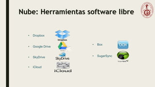 Nube: Herramientas software libre
• Box
• SugarSync
• Dropbox
• Google Drive
• SkyDrive
• iCloud
 
