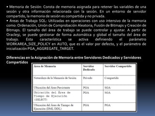 Área Global de ProgramasEl PGA (Área Global de Programas o Área Global de Proceso) es una región de la memoria que contiene los datos y la información de control de un único proceso de servidor o de un único proceso en segundo plano.Contenido del PGAEl contenido de la memoria PGA varía en función de si la instancia se ejecuta en una configuración de servidor dedicado o de servidor compartido. Por regla general, la memoria PGA incluye los siguientes componentes:• Área SQL privada: Contiene datos, como información ligada y estructuras de memoria de tiempo de ejecución. Cada sesión que emite una sentencia SQL tiene un área SQL privada. Cada usuario que ejecuta la misma sentencia SQL tiene su propia área SQL privada que utiliza una única área de SQL compartido.Para los comandos INSERT, UPDATE y DELETE, esta área se libera una vez ejecutada la sentencia. En el caso de las consultas, esta área se libera sólo cuando se han recuperado todas las filas o se ha cancelado la consulta.La ubicación del área SQL privada depende del tipo de conexión establecida para la sesión.