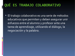 QUÉ ES TRABAJO COLABORATIVO


    El trabajo colaborativo es una serie de métodos
    educativos que permiten y deben asegurar unir
    esfuezos entre el alumno y profesor ante una
    tarea de aprendizaje, utilizando el diálogo, la
    negociación y la palabra.
 