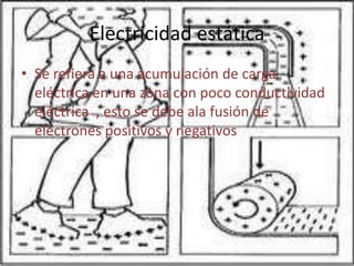 Electricidad estática
• Se refiera a una acumulación de carga
  eléctrica en una zona con poco conductividad
  eléctrica , esto se debe ala fusión de
  electrones positivos y negativos
 