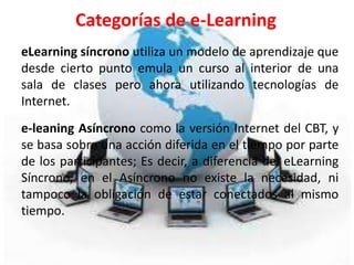 Categorías de e-Learning
eLearning síncrono utiliza un modelo de aprendizaje que
desde cierto punto emula un curso al interior de una
sala de clases pero ahora utilizando tecnologías de
Internet.
e-leaning Asíncrono como la versión Internet del CBT, y
se basa sobre una acción diferida en el tiempo por parte
de los participantes; Es decir, a diferencia del eLearning
Síncrono, en el Asíncrono no existe la necesidad, ni
tampoco la obligación de estar conectados al mismo
tiempo.
 