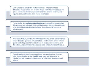 Cada una de las entidades pertenecientes a este conjunto se
diferencia de las demás por el valor de sus atributos. Nótese que dos
o más entidades diferentes pueden tener los mismos valores para
algunos de sus atributos, pero nunca para todos.




En particular, los atributos identificativos son aquellos que permiten
diferenciar a una instancia de la entidad de otra distinta. Por ejemplo,
el atributo identificativo que distingue a un alumno de otro es su
número de id.




Para cada atributo, existe un dominio del mismo, este hace referencia
al tipo de datos que será almacenado o a restricciones en los valores
que el atributo puede tomar (cadenas de caracteres, números, solo
dos letras, solo números mayores que cero, solo números enteros...).




Cuando algún atributo correspondiente a una entidad no tiene un
valor determinado, recibe el valor nulo, bien sea porque no se
conoce, porque no existe o porque no se sabe nada al respecto del
mismo.
 