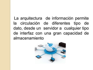 La arquitectura de información permite
la circulación de diferentes tipo de
dato, desde un servidor a cualquier tipo
de interfaz con una gran capacidad de
almacenamiento
 