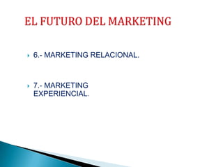 

6.- MARKETING RELACIONAL.



7.- MARKETING
EXPERIENCIAL.

 