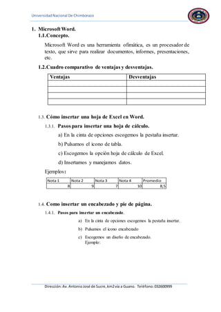 UniversidadNacional De Chimborazo
Dirección:Av.AntonioJosé de Sucre,km2vía a Guano. Teléfono:032600999
1. MicrosoftWord.
1.1.Concepto.
Microsoft Word es una herramienta ofimática, es un procesador de
texto, que sirve para realizar documentos, informes, presentaciones,
etc.
1.2.Cuadro comparativo de ventajas y desventajas.
Ventajas Desventajas
1.3. Cómo insertar una hoja de Excel en Word.
1.3.1. Pasos para insertar una hoja de cálculo.
a) En la cinta de opciones escogemos la pestaña insertar.
b) Pulsamos el icono de tabla.
c) Escogemos la opción hoja de cálculo de Excel.
d) Insertamos y manejamos datos.
Ejemplos:
Nota 1 Nota 2 Nota 3 Nota 4 Promedio
8 9 7 10 8,5
1.4. Como insertar un encabezado y pie de página.
1.4.1. Pasos para insertar un encabezado.
a) En la cinta de opciones escogemos la pestaña insertar.
b) Pulsamos el icono encabezado
c) Escogemos un diseño de encabezado.
Ejemplo:
 