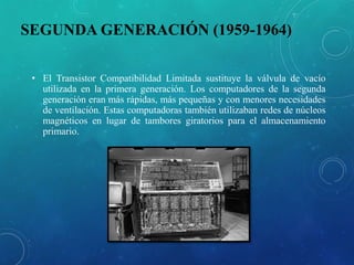 SEGUNDA GENERACIÓN (1959-1964)
• El Transistor Compatibilidad Limitada sustituye la válvula de vacío
utilizada en la primera generación. Los computadores de la segunda
generación eran más rápidas, más pequeñas y con menores necesidades
de ventilación. Estas computadoras también utilizaban redes de núcleos
magnéticos en lugar de tambores giratorios para el almacenamiento
primario.
 