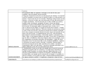 atentos
MONICA LANCHIPA
Personalmente utilizo las siguientes estrategias,en mi aula de clase, para
contribuir a que mis alumnos presten atención:
• Hago que el material de la lección sea relevante para mis alumnas. Uso material
concreto, ayudando a reconocer que ese material se aplica a su vida personal, a su
entorno. • Vario el tono de mi voz al enseñar. • Mantengo contacto visual con mis
alumnas. Al hacerlo, les indico que estoy interesada en lo que ellas desean decir.
• Empleo movimientos. Trato de moverme por el salón a medida que enseño, y
también realizo movimientos apropiados de manos y brazos que pueden
ayudarme a recalcar un determinado punto de la lección. • Doy variedad al ritmo
de la lección. No demasiado rápido, ni demasiado lento. El ritmo con el
que se cubra la lección influirá en el grado de atención de los alumnos. • Empleo
una variedad de métodos didácticos. Diferentes métodos de enseñanza me ayudan
a variar el ritmo de la lección, concentrar la atención de los alumnos al principio
de la clase, recuperar su atención durante la lección o hacer una transición de una
parte a otra de la lección. • La implementación de las TIC, como herramienta
para mejorar la atención del alumno, el desarrollo cognitivo y psicomotor de los
niños y niñas, es una propuesta didáctica que utilizo en mis clases. Es importante
que los niños se familiaricen desde muy temprana edad con la tecnología, ya que
los computadores son grandes motivadores del aprendizaje. • Aplico las clases
Integradas con las Tics para desarrollar en mis estudiantes habilidades cognitivas
y sicomotoras de manera creativa y divertida. Conclusión: Debemos lograr la
atención necesaria para que los niños aprendan en los estudios e incorporen
conocimientos útiles en su vida diaria. Y una de las estrategias adecuadas es sin
duda la utilización de las TIC en el desarrollo de las clases. lanbermo8@hotmail.com
SANDRA MOZOMBITE
1. Introduciendo el tema con un video por ejemplo para el tema del teorema de
Pitágoras un pequeño video de su historia.2. Con algún juego matemático por
ejemplo tirando la pelotita a un alumno indicando alguna operación y el me
devuelve la pelota dándome la respuesta a la pregunta.3. Realizando alguna
actividad lúdica, por ejemplo para la existencia de un triángulo se usa palitos de
diversos tamaños y con la ayuda de un dado. 4. Representando geométricamente
los algunos productos notables 5. Completando crucigramas o sopas de letras. sandra.mozombite.perez@gmail.com
JOHN PERALTA a) Escriboensus trabajosy cuadernoscomentariospositivosyaspectospor lasallejohnur@gmail.com
 