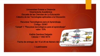 Universidad Estatal a Distancia
Vicerrectoría Académica
Escuela de las Ciencias de La Educación
Cátedra de las Tecnologías aplicadas a la Educación
Recursos Tecnológicos para el Aprendizaje.
Código: 02087
Tarea# 1: "Recursos tecnológicos para el aprendizaje".
valor: 10%
Kathia Gamboa Delgado
Cédula:1 1492 0015
Fecha de entrega: del 15 al 28 de febrero del 2016
I cuatrimestre
 