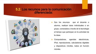 5.2. Los recursos para la comunicación
diferenciada:
 Son los recursos que el docente o
alumno, realizan tares individual...