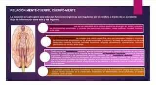 Las áreas especializadas que se han delimitado en la corteza cerebral se encargan de recibir y procesar
las informaciones sensoriales y controlar las reacciones musculares.: áreas auditivas, visuales, motoras,
entre otras.
Las áreas de asociación no cumplen una función específica, sino que interpretan, integran y coordinan
las informaciones procesadas por las áreas sensoriales y motoras. Las áreas de asociación son las que
desarrollan nuestras funciones mentales superiores: lenguaje, pensamiento, razonamiento, memoria,
planificación de acción, entre otras.
Cada uno de los hemisferios controla y ejecuta funciones diferentes o aspectos diferentes de una misma
función. En línea general en la mayoría de las personas el hemisferio izquierdo controla la habilidad
lingüística, numérica y de pensamiento analítico. Mientras que el hemisferio derecho controla las
habilidades complejas, como la percepción de patrones, ejecución musical y artística. Sin embargo, para
que una actividad compleja sea realizada, requiere e la interrelación de ambos hemisferios. Por ejemplo, al
leer el hemisferio izquierdo entiende el significado de las palabras, y el derecho capta el contenido emotivo
y las imágenes.
La actividad conjunta de ambos hemisferios es necesaria para el funcionamiento integral del cerebro. Así
aunque ciertas funciones de la mente están localizadas en determinadas zonas cerebrales, el cerebro
funciona como un todo.
RELACIÓN MENTE-CUERPO, CUERPO-MENTE
La acepción actual sugiere que todas las funciones orgánicas son reguladas por el cerebro, a través de un constante
flujo de información entre este y los órganos.
 