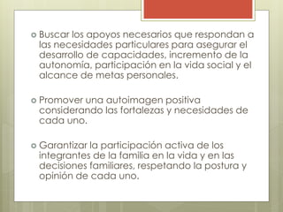  Buscar los apoyos necesarios que respondan a
las necesidades particulares para asegurar el
desarrollo de capacidades, incremento de la
autonomía, participación en la vida social y el
alcance de metas personales.
 Promover una autoimagen positiva
considerando las fortalezas y necesidades de
cada uno.
 Garantizar la participación activa de los
integrantes de la familia en la vida y en las
decisiones familiares, respetando la postura y
opinión de cada uno.
 