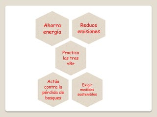 s
Ahorra
energía
Practica
las tres
«R»
Reduce
emisiones
Exigir
medidas
sostenibles
Actúa
contra la
pérdida de
bosques
 