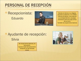  Recepcionista:
Eduardo
 Ayudante de recepción:
Silvia
Atiende al cliente en su llegada,
durante su estancia y a su salida.
Informa al cliente, y se ocupa de
su correspondencia y equipaje.
Controla el cierre de caja al final
de su turno.
También se ocupa de las reservas
Se ocupa de las reservas y la
facturación.
Ayuda al resto del personal de
recepción en las diversas
tareas
 
