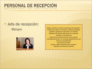  Jefa de recepción:
Miriam
Dirige, coordina y controla al personal de recepción ,
haciendo cumplir la normativa y política aplicables,
planifica y gestiona al personal y al material.
Establece la relación adecuada con el cliente,
también en la postventa
Determina la mejor forma de comunicación
interdepartamental y en el propio departamento, así
como con proveedores.
Promociona el hotel.
Ayuda a elegir al personal de recepción.
Reporta a la Dirección General
 