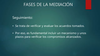 FASES DE LA MEDIACIÓN
Seguimiento:
• Se trata de verificar y evaluar los acuerdos tomados.
• Por eso, es fundamental incluir un mecanismo y unos
plazos para verificar los compromisos alcanzados.
 