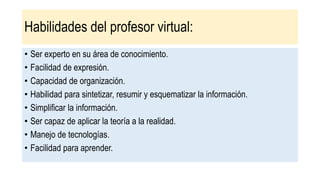 Habilidades del profesor virtual:
• Ser experto en su área de conocimiento.
• Facilidad de expresión.
• Capacidad de organización.
• Habilidad para sintetizar, resumir y esquematizar la información.
• Simplificar la información.
• Ser capaz de aplicar la teoría a la realidad.
• Manejo de tecnologías.
• Facilidad para aprender.
 