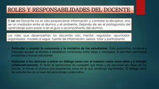 ROLES Y RESPONSABILIDADES DEL DOCENTE
El rol del Docente no es sólo proporcionar información y controlar la disciplina, sino
ser un mediador entre el alumno y el ambiente. Dejando de ser el protagonista del
aprendizaje para pasar a ser el guía o acompañante del alumno.
• Estimular y aceptar la autonomía y la iniciativa de los estudiantes. Esta autonomía, iniciativa y
liderazgo ayudan al alumno a establecer conexiones entre ideas y conceptos, le permiten plantearse
problemas y buscar soluciones
• Estimular a los alumnos a entrar en diálogo tanto con el maestro como entre ellos y a trabajar
colaborativamente. El tener la oportunidad de compartir sus ideas y de escuchar las ideas de los
demás, le brinda al alumno una experiencia única en la que construye significados. El diálogo entre
los estudiantes es la base del aprendizaje colaborativo.
Los roles que desempeñan los docentes son: mentor, regulador, apuntador,
organizador, modelo a seguir, fuente de información, asesor, tutor y participante.
 