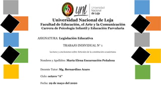 Universidad Nacional de Loja
Facultad de Educación, el Arte y la Comunicación
Carrera de Psicología Infantil y Educación Parvularia
ASIGNATURA: Legislación Educativa
TRABAJO INDIVIDUAL N° 1
Lectura y conclusiones sobre Artículos de la constitución ecuatoriana
Nombres y Apellidos: María Elena Encarnación Peñaloza
Docente Tutor: Mg. Bernardino Acaro
Ciclo: octavo “A”
Fecha: 29 de mayo del 2020
 