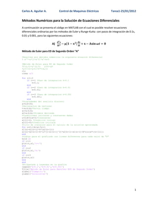 Carlos A. Aguilar A.           Control de Maquinas Eléctricas               Tarea1-25/01/2012


Métodos Numéricos para la Solución de Ecuaciones Diferenciales
A continuación se presenta el código en MATLAB con el cual es posible resolver ecuaciones
diferenciales ordinarias por los métodos de Euler y Runge-Kutta con pasos de integración de 0.1s,
0.01 y 0.001, para las siguientes ecuaciones:

                         A)

Método de Euler para ED de Segundo Orden “A”
%Resolver por metodos numericos la siguiente ecuacion diferencial
% x''-u*[1-x^2]*x'+x=0

%Metodo de Euler para ED de Segundo Orden
%f(y,t)=y'(y,t)   y(0)=y0
%y(t+1)=y(t)+h*f(x,t)
clc
clear all

for i=1:3
    if i==1 %Paso de integracion h=0.1
        h=0.1;
    end
    if i==2 %Paso de integracion h=0.01
        h=0.01;
    end
    if i==3 %Paso de integracion h=0.001
        h=0.001;
    end
%Propiedades del analisis discreto
a=0;b=20;
%Declaracion de vectores
t=a:h:b;%Vector tiempo
x1=a:h:b;
x2=a:h:b;%Primera derivada
%Condiciones iniciales y constantes dadas
u=2;A=2;w=3;%Constantes
x1(1)=2; %Condicion inicial
x2(1)=0;%Condicion inicialA
%Ciclo de iteracion para el calculo de la solucion aproximada
for n=2:((b-a)/h)+1
x1(n)=x1(n-1)+h*(x2(n-1));
x2(n)=x2(n-1)+h*(u*(1-x1(n-1)^2)*x2(n-1)-x1(n-1)+A*sin(w*t(n-1)));
end
%Codigo para el graficado con lineas diferentes para cada valor de "h"
hold on
if i==1
plot(t,x1,'r--')
end
if i==2
plot(t,x1,'k:')
end
if i==3
plot(t,x1)
end
end
%Etiquetado y leyendas en la grafica
legend('h=0.1','h=0.01','h=0.001')
Title('Metodo de Euler para Resolver EDO de Segundo Orden')
xlabel('Tiempo(t)')
ylabel('Solucion(x)')




                                                                                                1
 